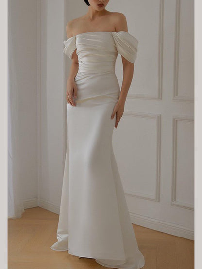 Elegant Off-the-Shoulder Ruched Satin Mermaid Wedding Dress TP5928