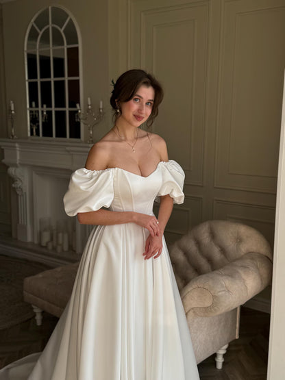 Elegant Ivory Off-the-Shoulder Puff Sleeve Satin Sweetheart A-Line Wedding Dress TP5959