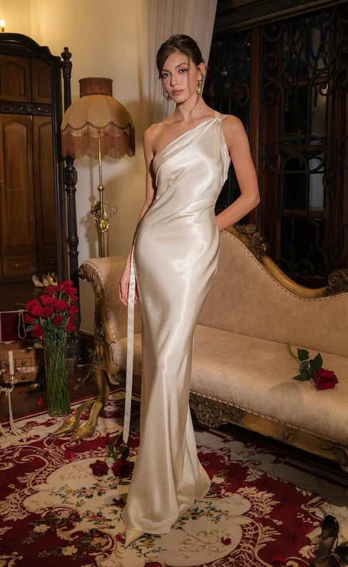 Vintage One-Shoulder Satin Mermaid Ruched Long Ribbon Strap Wedding Dress TP5922
