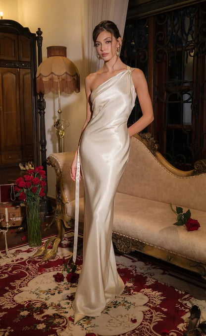 Vintage One-Shoulder Satin Mermaid Ruched Long Ribbon Strap Wedding Dress TP5922