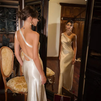 Vintage One-Shoulder Satin Mermaid Ruched Long Ribbon Strap Wedding Dress TP5922