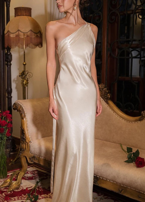 Vintage One-Shoulder Satin Mermaid Ruched Long Ribbon Strap Wedding Dress TP5922