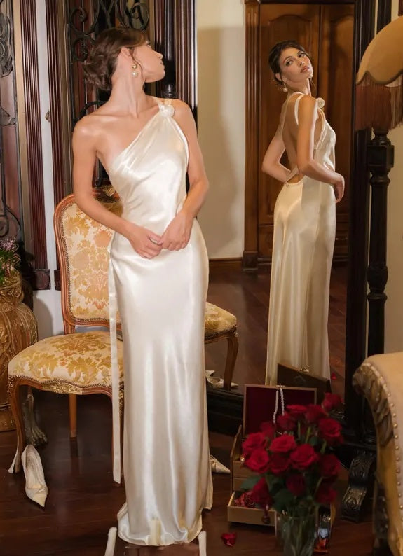 Vintage One-Shoulder Satin Mermaid Ruched Long Ribbon Strap Wedding Dress TP5922