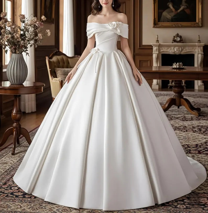 Dreamy Off-the-Shoulder Satin Floral & Bow A-Line Chapel Train Wedding Dress TP5973