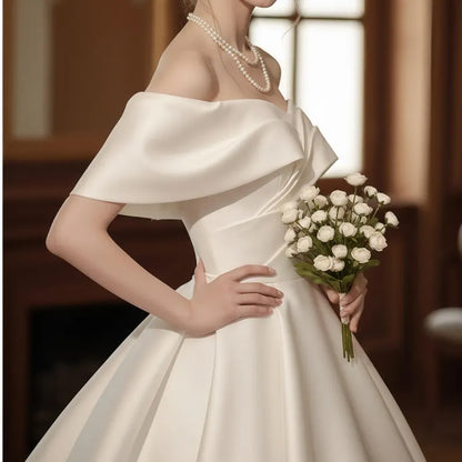 Classic Off-the-Shoulder Satin Chapel Train A-Line Wedding Dress TP5958