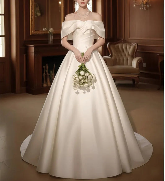 Classic Off-the-Shoulder Satin Chapel Train A-Line Wedding Dress TP5958