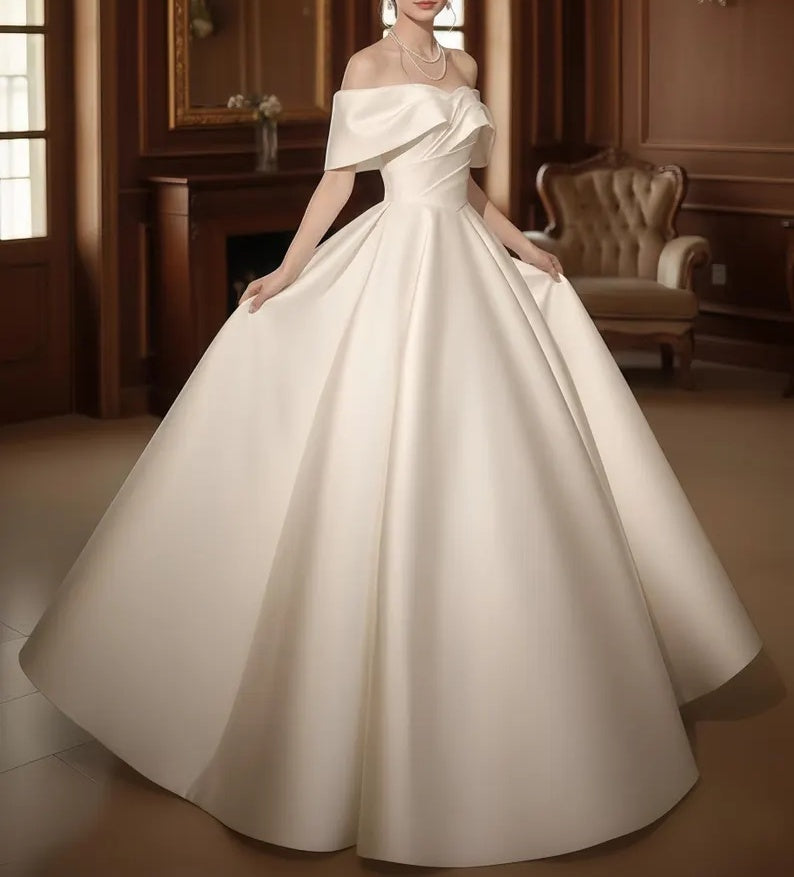 Classic Off-the-Shoulder Satin Chapel Train A-Line Wedding Dress TP5958