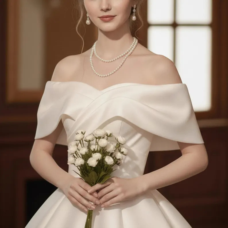 Classic Off-the-Shoulder Satin Chapel Train A-Line Wedding Dress TP5958