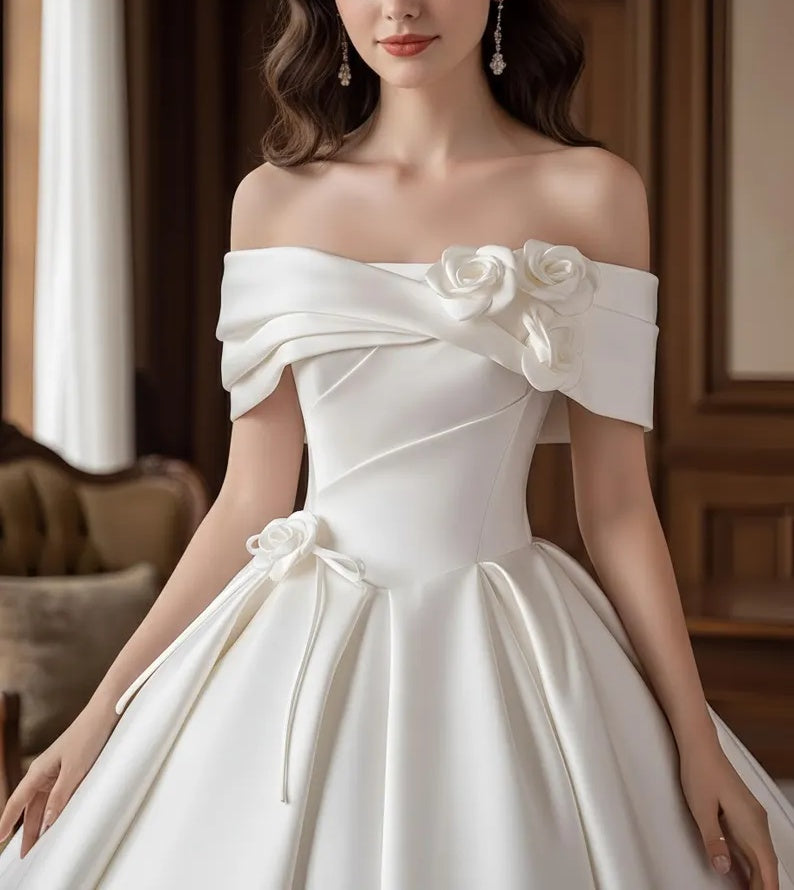 Dreamy Off-the-Shoulder Satin Floral & Bow A-Line Chapel Train Wedding Dress TP5973