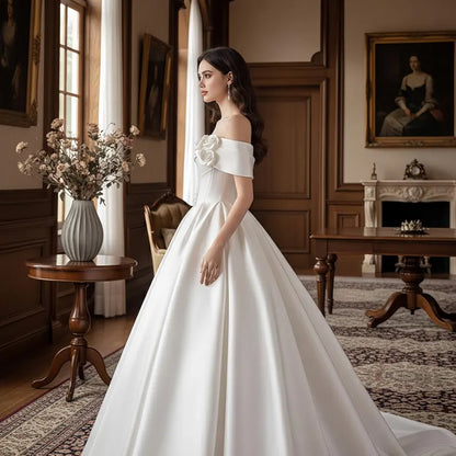 Dreamy Off-the-Shoulder Satin Floral & Bow A-Line Chapel Train Wedding Dress TP5973