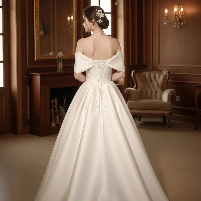 Classic Off-the-Shoulder Satin Chapel Train A-Line Wedding Dress TP5958