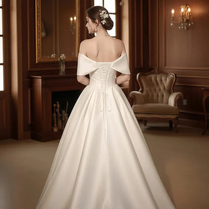 Classic Off-the-Shoulder Satin Chapel Train A-Line Wedding Dress TP5958