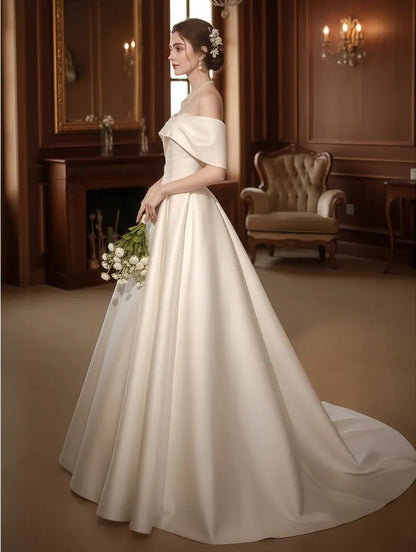Classic Off-the-Shoulder Satin Chapel Train A-Line Wedding Dress TP5958