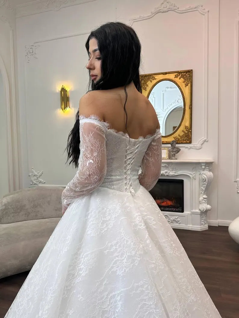 Elegant Off-the-Shoulder Long Sheer Lace Sleeve Sweetheart Beaded Corset Bodice A-Line Wedding Dress TP5957