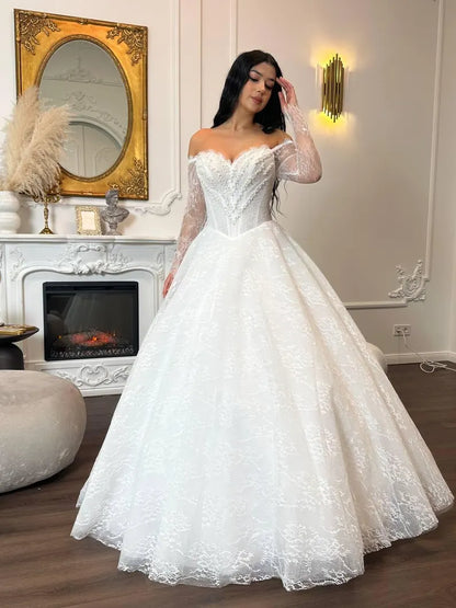 Elegant Off-the-Shoulder Long Sheer Lace Sleeve Sweetheart Beaded Corset Bodice A-Line Wedding Dress TP5957