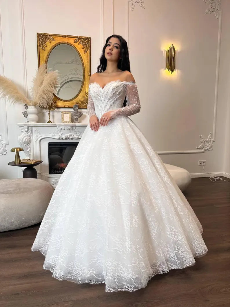 Elegant Off-the-Shoulder Long Sheer Lace Sleeve Sweetheart Beaded Corset Bodice A-Line Wedding Dress TP5957