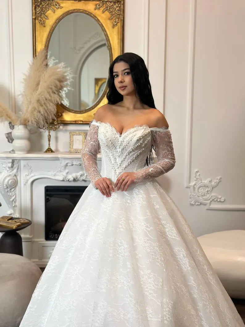 Elegant Off-the-Shoulder Long Sheer Lace Sleeve Sweetheart Beaded Corset Bodice A-Line Wedding Dress TP5957