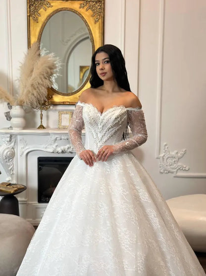 Elegant Off-the-Shoulder Long Sheer Lace Sleeve Sweetheart Beaded Corset Bodice A-Line Wedding Dress TP5957