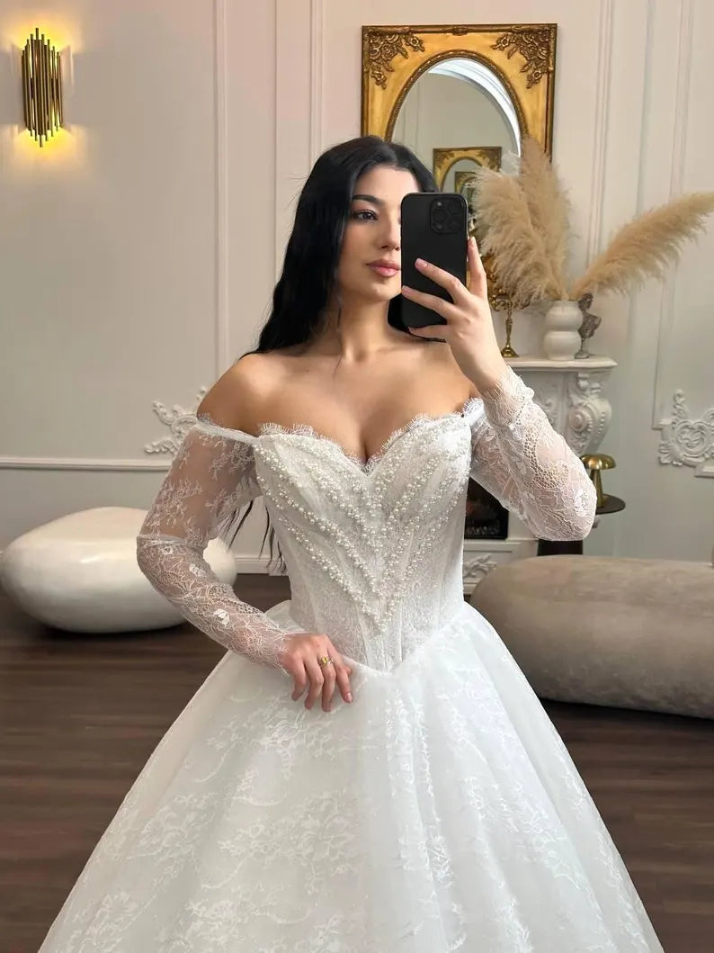 Elegant Off-the-Shoulder Long Sheer Lace Sleeve Sweetheart Beaded Corset Bodice A-Line Wedding Dress TP5957
