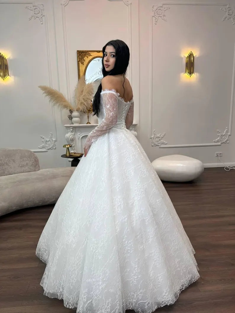 Elegant Off-the-Shoulder Long Sheer Lace Sleeve Sweetheart Beaded Corset Bodice A-Line Wedding Dress TP5957
