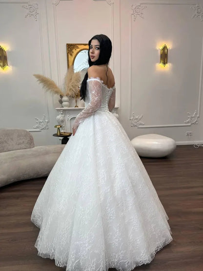 Elegant Off-the-Shoulder Long Sheer Lace Sleeve Sweetheart Beaded Corset Bodice A-Line Wedding Dress TP5957