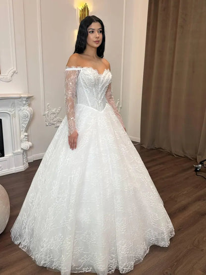 Elegant Off-the-Shoulder Long Sheer Lace Sleeve Sweetheart Beaded Corset Bodice A-Line Wedding Dress TP5957