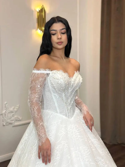Elegant Off-the-Shoulder Long Sheer Lace Sleeve Sweetheart Beaded Corset Bodice A-Line Wedding Dress TP5957