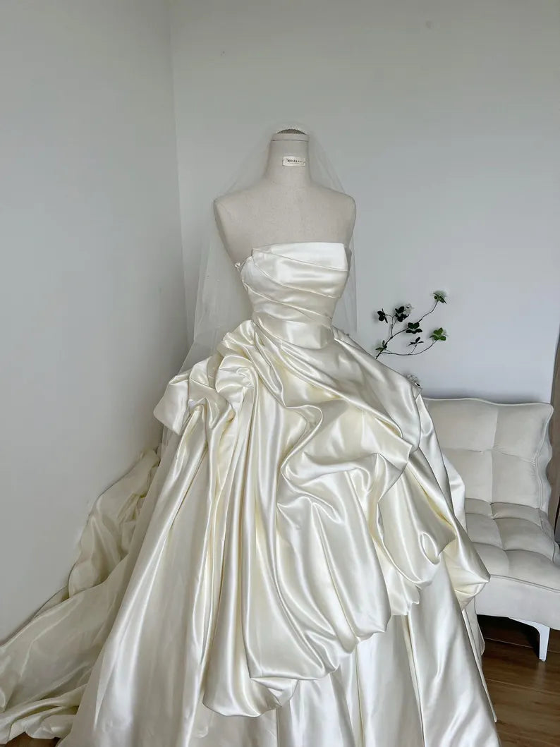 Elegant Ivory Strapless Draped Satin Ruffle A-Line Cathedral Train Wedding Dress TP5979