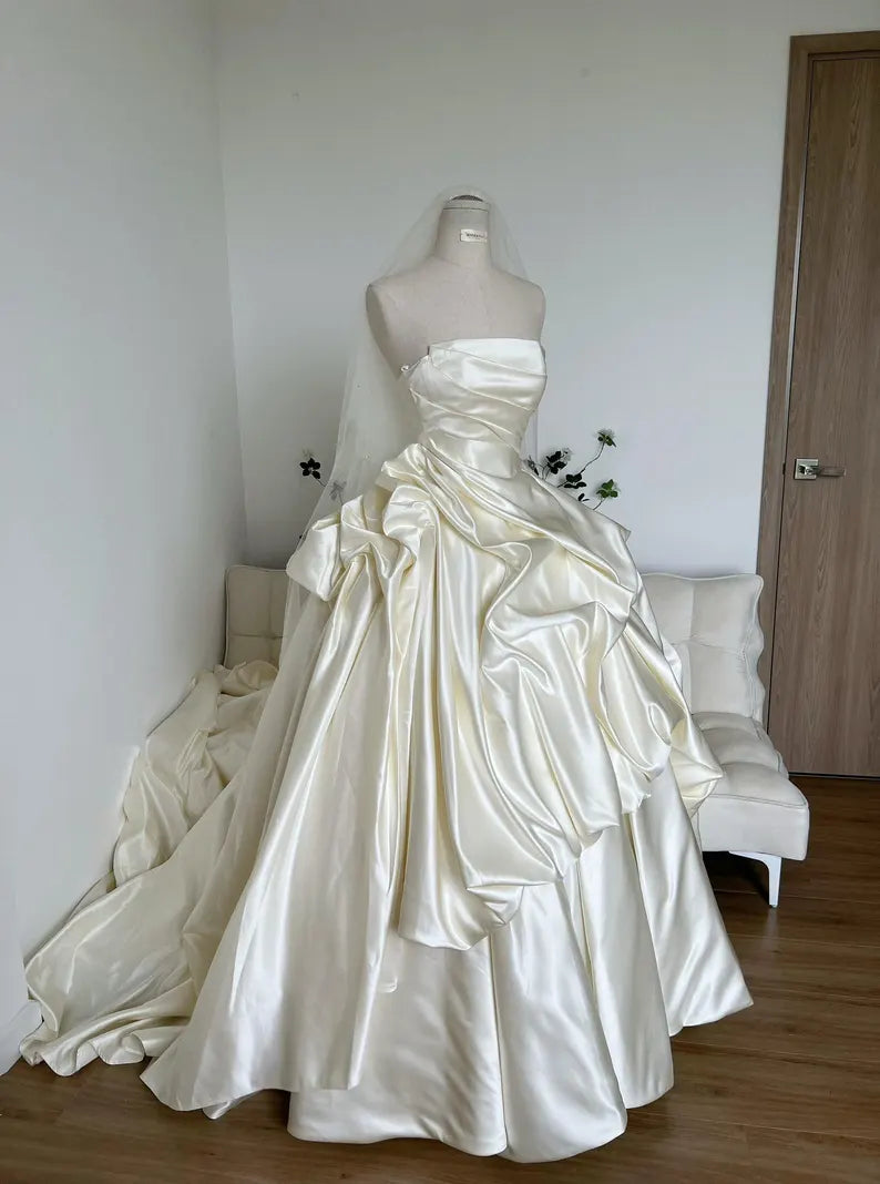Elegant Ivory Strapless Draped Satin Ruffle A-Line Cathedral Train Wedding Dress TP5979