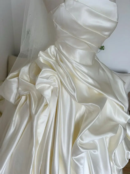 Elegant Ivory Strapless Draped Satin Ruffle A-Line Cathedral Train Wedding Dress TP5979