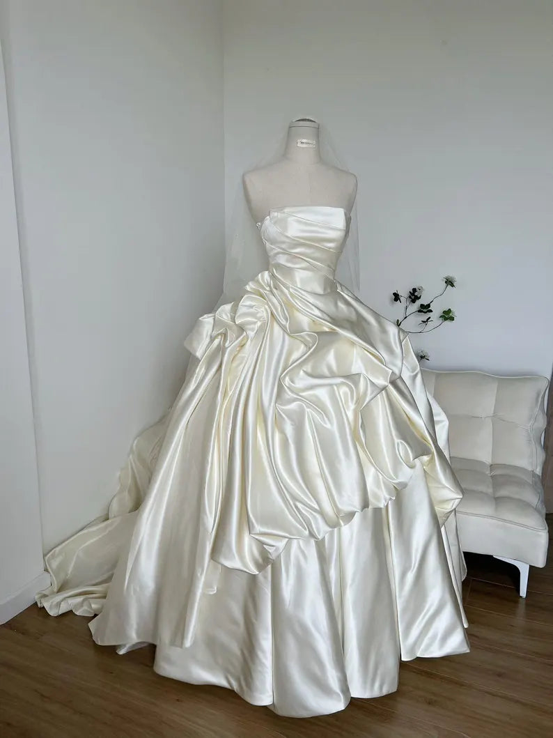 Elegant Ivory Strapless Draped Satin Ruffle A-Line Cathedral Train Wedding Dress TP5979