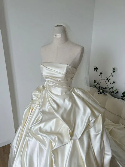Elegant Ivory Strapless Draped Satin Ruffle A-Line Cathedral Train Wedding Dress TP5979