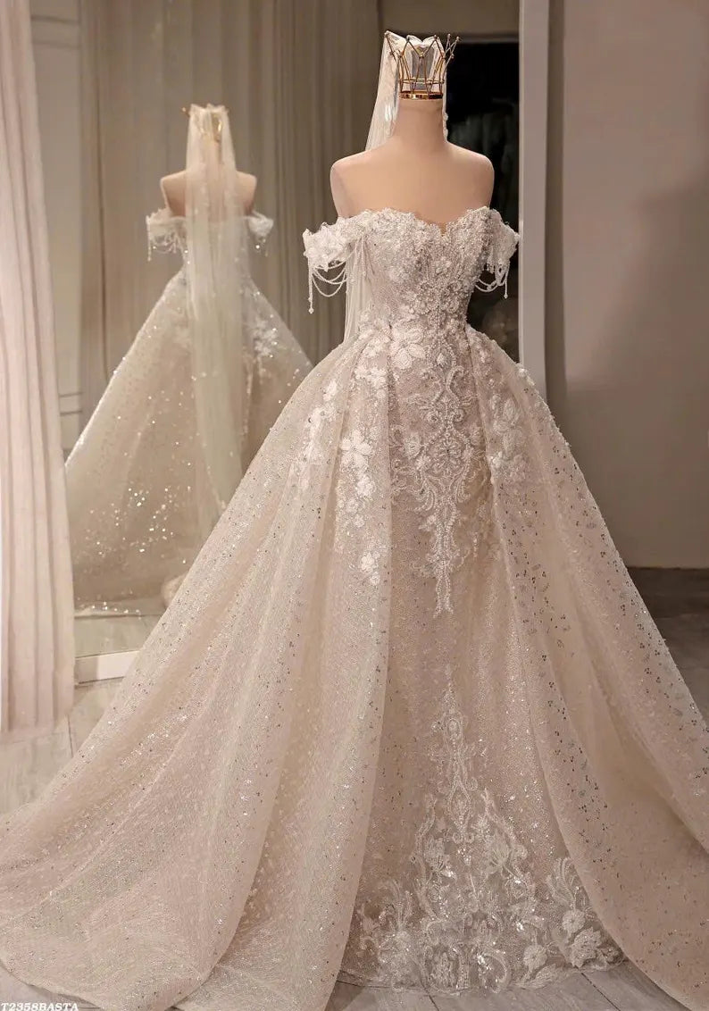 Elegant Off-the-Shoulder Beaded Sparkly Sequined Tulle Cathedral Train Wedding Dress TP5971