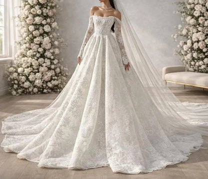 Elegant Off-the-Shoulder Floral Lace Long Sheer Sleeves Cathedral Train A-Line Wedding Dress TP5961