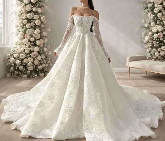 Elegant Off-the-Shoulder Floral Lace Long Sheer Sleeves Cathedral Train A-Line Wedding Dress TP5961