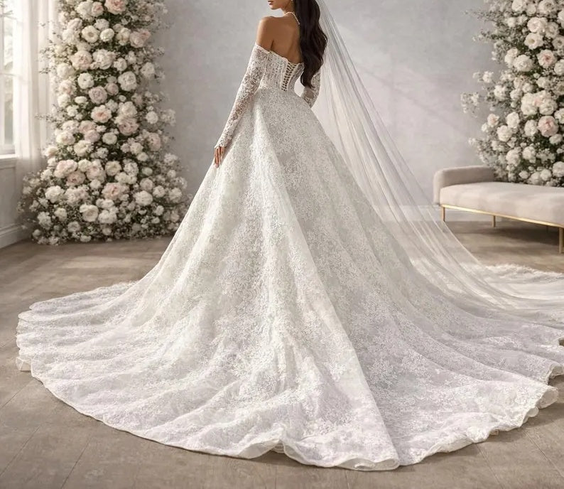 Elegant Off-the-Shoulder Floral Lace Long Sheer Sleeves Cathedral Train A-Line Wedding Dress TP5961