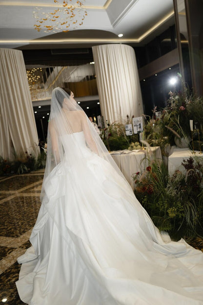 Elegant Strapless Satin 3D Floral Ruffle A-Line Wedding Dress TP5964