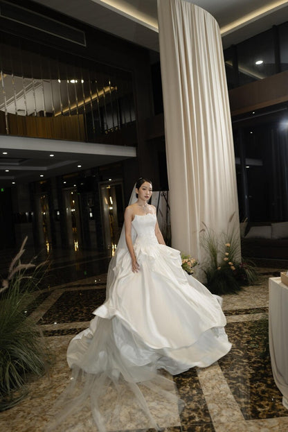 Elegant Strapless Satin 3D Floral Ruffle A-Line Wedding Dress TP5964