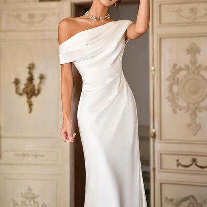 Elegant Off-the-Shoulder Satin Draped Mermaid Wedding Dress TP5927