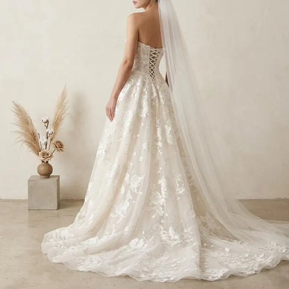 Dreamy Strapless 3D Floral Lace Tulle A-Line Wedding Dress TP5972
