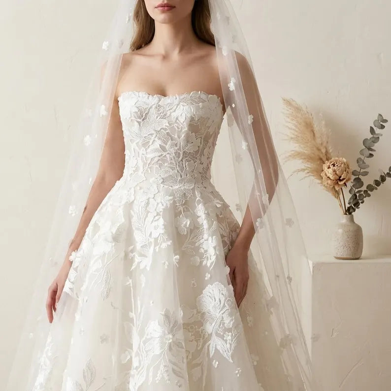 Dreamy Strapless 3D Floral Lace Tulle A-Line Wedding Dress TP5972