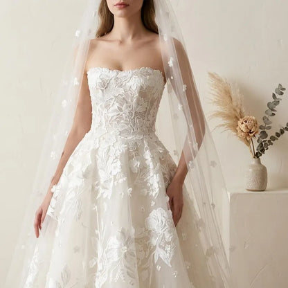 Dreamy Strapless 3D Floral Lace Tulle A-Line Wedding Dress TP5972