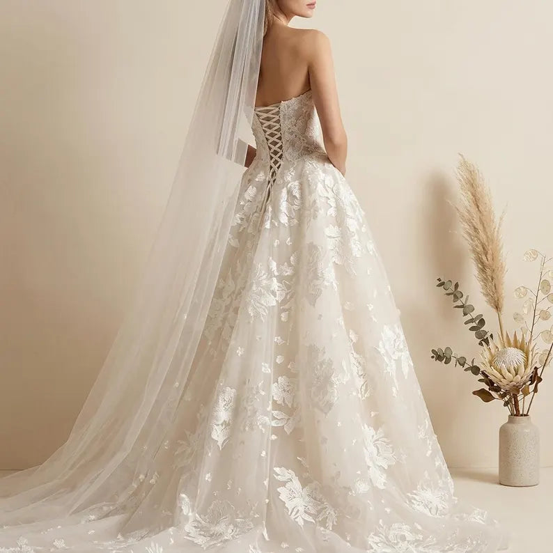 Dreamy Strapless 3D Floral Lace Tulle A-Line Wedding Dress TP5972
