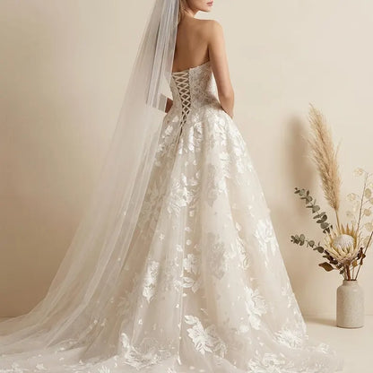 Dreamy Strapless 3D Floral Lace Tulle A-Line Wedding Dress TP5972