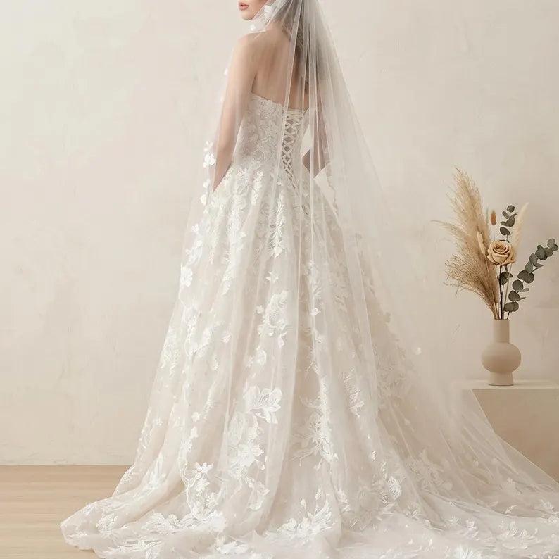 Dreamy Strapless 3D Floral Lace Tulle A-Line Wedding Dress TP5972
