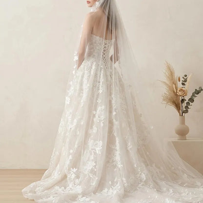 Dreamy Strapless 3D Floral Lace Tulle A-Line Wedding Dress TP5972