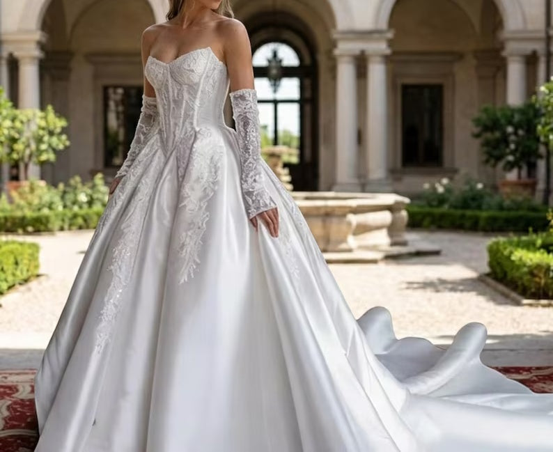 Elegant Strapless Sweetheart Satin Detachable Long Lace Sleeves Applique Long Train A-Line Wedding Dress TP5976
