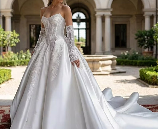 Elegant Strapless Sweetheart Satin Detachable Long Lace Sleeves Applique Long Train A-Line Wedding Dress TP5976
