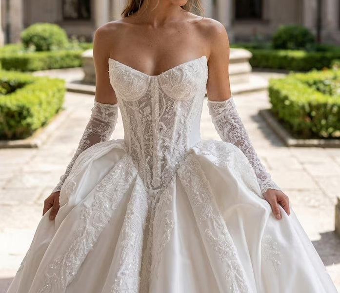 Elegant Strapless Sweetheart Satin Detachable Long Lace Sleeves Applique Long Train A-Line Wedding Dress TP5976