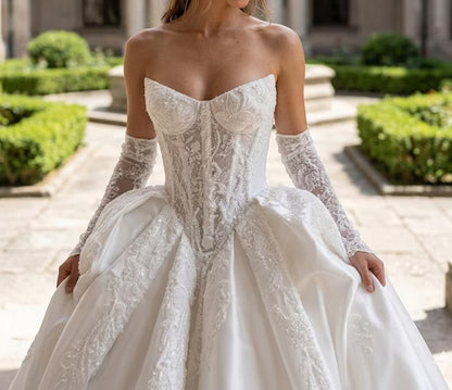 Elegant Strapless Sweetheart Satin Detachable Long Lace Sleeves Applique Long Train A-Line Wedding Dress TP5976
